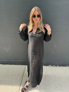 Embrace your inner fashionista with our Positano Maxi Dress. Made from 100% Italian linen, this semi-sheer dress is both light and airy, perfect for those warm summer days. Benissimo! Long sleeve sheer dress Black Light and airy One size fits most Maxi or midi depending on height Model is 5’2, wearing a S Material: 100% Italian linen Wash: Hand wash recommended. Hang to dry. Chic Midi Dress For Beach In Fall, Flowy Linen Maxi Dress Casual, Casual Linen Maxi Dress For Spring, Flowy Linen Maxi Dress Casual Style, Chic Midi Dress For Beach, Chic Midi Dress For Beach And Fall, Casual Linen Dress For Beach In Fall, Chic Tunic Maxi Dress For Fall, Casual Linen Dress For Fall Beach Outings