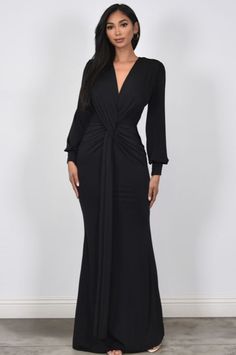 Beautiful Black Long Style Dress Beautiful black long stretchy spandex dress. Dress is designed to fit every curve. This is a form fitted curve hugging dress made with spandex. Plenty of stretch and the fabric is medium weight poly spandex blend. Plunging neckline you can easily pin close or wear open. Ruching detail for a figure flattering look. Long sleeves. V-neck Elastane Maxi Dress For Night Out, Sleek Stretch Maxi Dress For Date Night, Sleek Black V-neck Maxi Dress, Stretch V-neck Elastane Maxi Dress, Floor-length Black Bodycon Dress, V-neck Elastane Bodycon Evening Dress, Formal Stretch Maxi Length Bodycon Dress, Formal Stretch Bodycon Dress, V-neck Stretch Bodycon Evening Dress