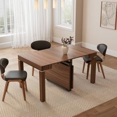 a dining room table with four chairs and a vase on the top, in front of a window