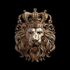 a golden lion head with a crown on it's head, against a black background