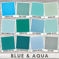 blue and aqua color swatches with the words, canvass & aqua on them