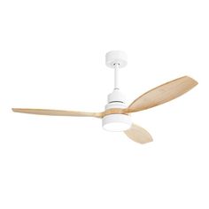 a white ceiling fan with two wooden blades and a light on the top of it