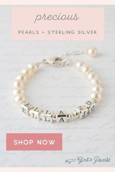 Personalized jewelry sized just for girls. Delicate and dainty, this bracelet will make her feel like a little princess. Beautiful cultured freshwater pearls mingle with shiny sterling silver daisies for a bit of sparkle. An heirloom she'll treasure forever.  https://littlegirlspearls.com/collections/pearl-bracelets/products/precious-pearls-name-bracelet Hypoallergenic Sterling Silver Pearl Bracelet, Dainty Customizable Silver Bracelet, Silver Sterling Beaded Bracelets For Birthday, Classic Personalized Beaded Bracelets As Gift, Classic Personalized Beaded Bracelets For Gifts, Adjustable Silver Pearl Bracelet For Birthday, Classic Sterling Silver Custom Name Bracelet, Elegant Silver Name Bracelet With Round Beads, Personalized Sterling Silver Bracelet For Mother's Day