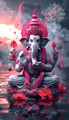 an elephant statue sitting on top of a body of water next to a red flower