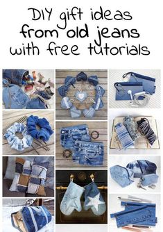 DIY gift ideas with free instructions. Eco gift ideas to make. Sewing patterns for small accessories. Sewing projects from old jeans. Crafts With Jeans Diy, Sewing Projects From Old Jeans, Stuff To Do With Old Jeans, Repurposing Denim Jeans, How To Sew Boho Clothes, Upcycled Jeans Diy, Crafts Using Old Jeans, Jean Bracelets Recycled Denim, Blue Jean Projects Denim Crafts