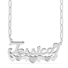 This Rhodium Beaded "Double" Nameplate is available in 925 Sterling silver. This design Choose up to 10 characters to make your unique name. Customizable With: Names, or Words Closure: Lobster Clasp Metal Plating Selection: Sterling Silver 14k Gold over Silver Two-Tone. Sterling Silver Engraved Sterling Silver Necklace, Customizable Silver Jewelry For Jewelry Making, Custom Engraved Sterling Silver Necklace, Silver Nameplate Custom Necklace, Silver Engraved Nameplate Necklaces, Silver Hallmarked Nameplate Jewelry, Custom Silver Nameplate Necklace, Silver Pendant Necklace With Polished Finish, Custom Engraved Silver Nameplate Necklace