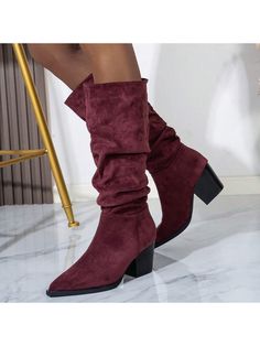 Women's Black Chunky High Heel Pointed Toe Faux Suede Leopard Pleated Slip-On Vintage Casual Western Cowboy Boots Burgundy         Women Shoes, size features are:Bust: ,Length: ,Sleeve Length: Leopard High Heels, Chunky Heel Ankle Boots, Chunky High Heels, Warm Boots, Boots Women Fashion, Womens Knee High Boots, Womens Tights, Western Cowboy Boots, Vintage Casual