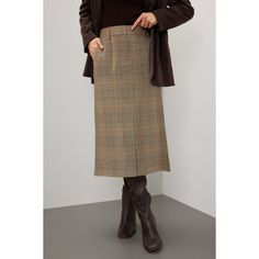 Brown plaid twill (100% Viscose). Pencil. Front zipper fly with button closure. 30" from waist to hemline. Imported. Plaid Pencil Skirt, Work Uniforms, Outfit Formulas, Rent The Runway, Closet Designs, Brown Plaid, Chunky Sweater, Front Zipper, Pencil Skirt