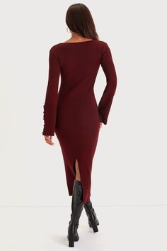 Bring chic energy everywhere you go in the Lulus Classy Attitude Burgundy Ribbed Square Neck Midi Sweater Dress! Soft and stretchy ribbed knit shapes this sweater dress with a square neckline framed by long sleeves with decorative covered button details along the slightly flared, split cuffs. The figure-hugging silhouette flaunts your curves just right before ending at a sophisticated midi hem. Kick pleat at the back allows for movement all day long. Fit: This garment fits true to size. Length: Classy Attitude, 23 Fashion, Midi Sweater Dress, Casual Formal Dresses, Hugging Silhouette, Lulu Fashion, Ribbed Dress, Square Neck Dress, Kick Pleat