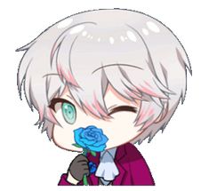 an anime character with white hair holding a blue rose in his hand and looking at the camera