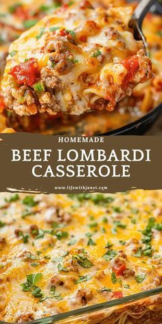 homemade beef lombardi casserole in a glass dish