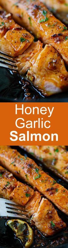 honey garlic salmon on a black plate with a fork in it and the title overlay reads honey garlic salmon