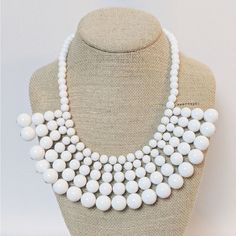 Please See Pictures For Details Condition And Measurements. Thanks For Looking! Elegant White Bib Necklace With Round Beads, White Pearl Beaded Necklaces, White Round Beaded Necklace For Party, White Pearl Bib Necklaces For Party, White Necklace With Large Beads For Party, White Beaded Necklaces With Large Beads, White Beaded Necklace With Large Beads, Cheap White Statement Beaded Necklaces, White Beaded Necklace With Large Round Beads