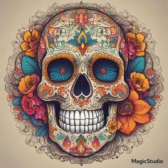 a colorful skull with flowers on it's head