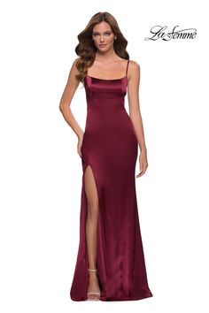 Indulge in the sophisticated elegance of the La Femme 29945 evening dress. Crafted from luxurious satin, this timeless beauty embraces your curves with a fitted silhouette. The low back, scoop neckline, and side slits add a touch of sensuality, ensuring all eyes are on you. Make magical memories in this enchanting piece of timeless beauty. Simple Prom Dress Long, Stretch Satin Dress, Straight Across Neckline, Sheath Skirt, Prom Style, Floor Length Gown, Satin Gown, Burgundy Dress, Dress Silhouette