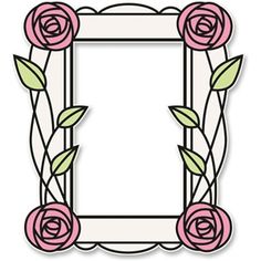 a white frame with pink roses and leaves on the edges, in front of a white background