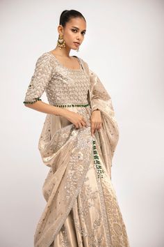 Sumira – Sania Maskatiya International Sania Maskatiya, Tissue Fabric, Nikkah Dress, Photoshoot Pose, Engagement Dress, Engagement Dresses, Website Features, Indo Western, Beaded Tassels