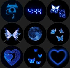 some different types of neon lights in the shape of hearts and butterflies on a black background