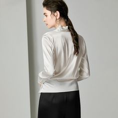 Womens Elegant Silk Blouse | Mulberry Silk Top Elegant V-neck Blouse For Office, Classic Silk Tops With Blouson Sleeves, Elegant V-neck Long Sleeve Top For Work, Sleek Long Sleeve Tops For Fall, Elegant Silk Tops For Business Casual, Elegant V-neck Top For Business Casual, Elegant Long Sleeve Silk Top, Chic Silk Blouse For Office Wear, Elegant Fitted V-neck Long Sleeve Top