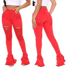 Bell Bottom Flare Ripped Fitted Bottoms For Fall, High Rise Red Jeans For Spring, Red High Rise Jeans For Spring, Red High-rise Jeans For Spring, Chic High Waist Red Jeans, Chic Red High Waist Jeans, Chic Red High-waist Jeans, Chic Red Stretch Jeans, Chic Mid-rise Red Jeans