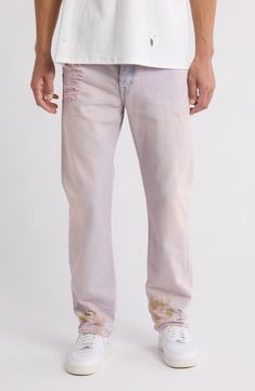 A vintage-inspired worn design brings lived-in appeal to these mid-rise straight leg jeans cut from nonstretch cotton. 33" inseam; 8 1/2" leg opening; 12 1/2" front rise Zip fly with button closure Five-pocket style 100% cotton Machine wash, dry flat Imported Asian & Pacific Islander Owned/Founded Pre-washed Straight Leg Rigid Denim Jeans, Pre-washed Rigid Denim Straight Leg Jeans, Faded Jeans With Straight Hem And Five Pockets, Spring Straight Leg Pre-washed Bottoms, Faded Distressed Straight Leg Jeans, Faded Five-pocket Tapered Leg Jeans, Faded Tapered Leg Jeans With Five Pockets, Relaxed Fit Washed Jeans With Standard Cut Leg, Faded Distressed Jeans For Spring