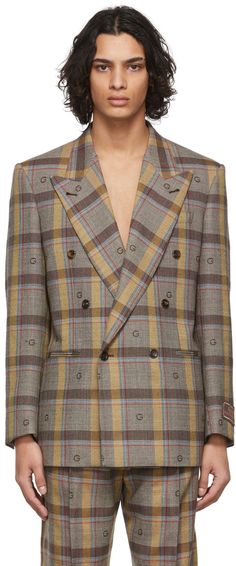 Long sleeve woven wool blazer in brown featuring check pattern in beige, blue, and red. · Monogram woven in brown throughout · Peaked lapel collar · Double-breasted closure at front · Welt pockets at waist · Five button surgeon's cuffs · Full satin lining Supplier color: Brown/Beige | Gucci Brown wool Check Blazer Double Breasted Suit Men, Gucci For Men, High Fashion Men, Check Blazer, Suit Men, Checked Blazer, Buy Gucci, Gucci Men, Wool Blazer