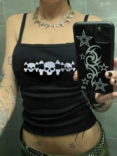 2000s Metal Fashion, Dark Punk, Street Y2k, Black Cami Top, Black Punks, Y2k Punk, Punk Inspiration, Skull Pattern, Crop Top Dress