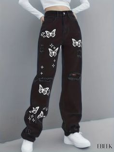 Ebeek - Chic Butterfly Print Straight Leg Jeans with Distressed Details: Wide-Leg Street Style Denim Jeans for Women Printed Jeans Women, Butterfly Jeans Outfit, How To Style High Waisted Jeans, Jeans With Patterns, Clothing Ideas Aesthetic, Jeans With Butterflies, Fancy Pants Outfit, Butterfly Clothing, Jeans Butterfly