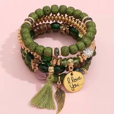 New 4 Pc Green Stretch Beaded Charm Bracelet Set Charm Beaded Bracelet, Christmas Sack, Multi Strand Bracelet, Styl Boho, Bracelets Diy, Beaded Bracelets Diy, Bead Charm Bracelet, Elastic Bracelet, Layered Bracelets