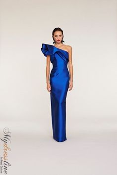 Looking for a show-stopping gown that will turn heads? This gorgeous Frascara gown is perfect for making a statement. The ruffled detail on the bodice and column silhouette are both chic and unique, while the hidden side seam zipper and satin lining add a touch of luxury. Made from a silk and wool blend, this gown is sure to keep you comfortable all night long. Blue Silk Gown, Royal Blue Evening Gown, Bff Wedding, Coral Shades, Blue Evening Gowns, Plastic Dress, Gowns Elegant, Cascading Ruffles, Mother Of The Bride Outfit