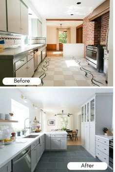 before and after photos of a kitchen remodel with white cabinets, gray floor tiles