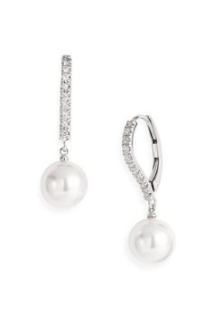 Mikimoto Diamond & Akoya Cultured Pearl Earrings available at #Nordstrom Evening Pearl Drop Diamond Earrings, Elegant Cubic Zirconia Diamond Earrings With Pearl Drop, Elegant Long Drop Linear Earrings, Elegant Bridal Dangle Earrings With Diamond Accents, Formal Long Drop Pearl Drop Jewelry, Formal Long Drop Pearl Jewelry, Evening Pearl Earrings With Brilliant Cut In Diamond White, Classic Dangle Diamond Earrings For Evening, Elegant Drop Linear Earrings