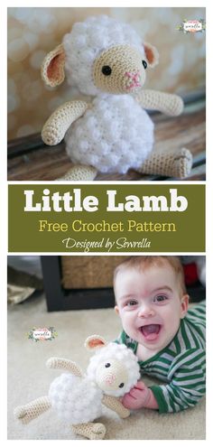 a little lamb crochet pattern is shown with the baby holding it's stuffed animal