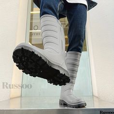 Russoo - Cushioned High-Top Mens Rain Boots: Durable, Waterproof, Non-Slip Footwear for Outdoor Activities like Walking and Fishing Slip-resistant Boots For Rainy Season Outdoor Use, Casual Durable Rain Boots For Hiking, White Rain Boots For Winter Outdoor Use, White Winter Rain Boots For Outdoor, Casual White Rain Boots For Outdoor, White Weatherproof Rain Boots For Outdoor, Pu Boots, Mens Rain Boots, Mens High Tops