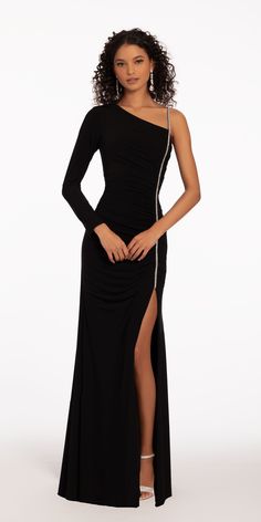 Camille La Vie Jersey One Shoulder Long Sleeve Ruched Column Dress with Rhinestone Detail Long Sleeve One Shoulder Dress, One Shoulder Long Sleeve Dress, Black Women Dress, Fresh Dress, Column Skirt, Rhinestone Top, Column Dress, Cz Earrings, Yes Please