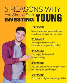 a man leaning against the side of a yellow and black sign that says 5 reasons why you should start investing