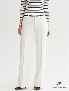 BR Monogram white wide-leg pant | Banana Republic Tailored White Wide Leg Pants With Pressed Crease, Formal White Wide Leg Pants With Pressed Crease, Elegant White Wide Leg Pants With Pressed Crease, Chic White Wide Leg Pants With Welt Pockets, Classic White High-waisted Wide Leg Pants, Fitted White Wide Leg Pants With Pressed Crease, White Wide Leg Pants With Pressed Crease For Work, White Wide Leg Pants With Welt Pockets For Work, Elegant Tailored White Wide Leg Pants