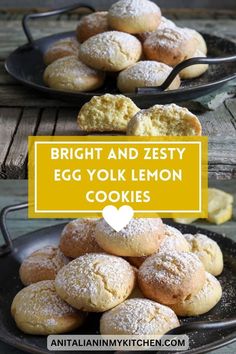 two plates filled with lemon cookies and the words bright and zesty egg yolk lemon cookies