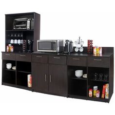 an image of a kitchen setting with microwave and coffee maker on the top shelfs