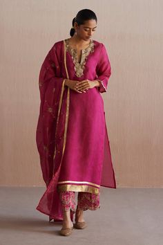 Shop for these amazing collections of Pink Organza Embroidery Nalki Notched V Meheroo Kurta Pant Set For Women by Weaver Story online at Aza Fashions. Lace Embellishments, Paisley Embroidery, Organza Embroidery, Pink Kurta, Rani Pink, Kurta Pant Set, Straight Fit Pants, Embroidered Border, Embroidered Dupatta