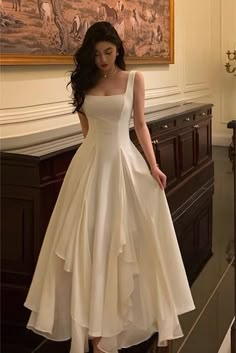 White Tiered Asymmetric Square Neckline A-line Dress – Luxandluxy Gaun Fashion, Evening Gowns Elegant, Prom Dress Inspiration, Pretty Prom Dresses, Dream Dresses, A Line Prom Dresses