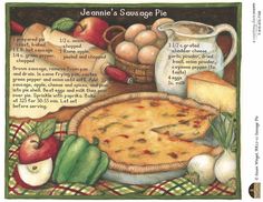 an illustration of a pie on a table with apples and other food items around it