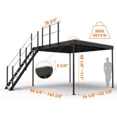 an image of a metal structure with measurements for the steps and handrails on it