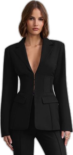 Tailored Structured Blazer For Party, Tailored Structured Party Blazer, Black Long Sleeve Blazer With Structured Boning, Black Blazer With Structured Boning And Long Sleeves, Party Blazer With Structured Boning And Tailored Fit, Tailored Party Blazer With Structured Boning, Party Blazer With Structured Boning In Black, Fitted Single Breasted Blazer For Night Out, Fitted Blazer Dress With Structured Boning For Office