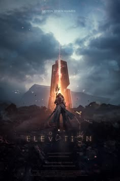 the movie poster for elevation is shown in front of a dark cloudy sky