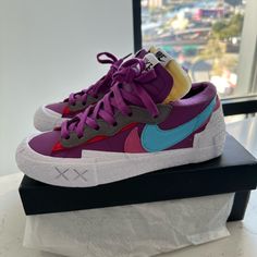 Sacai X Nike Blazer Low Size 6 Mens/7.5 Women’s Worn Once For A Total Of 20 Mins Sporty Purple High-top Sneakers With Contrast Sole, Low-top Purple Sneakers With Contrast Sole, Purple Low-top Sneakers With Contrast Sole, Purple Skate Shoes With Vulcanized Sole For Streetwear, Purple Vulcanized Sole Skate Shoes For Streetwear, Casual Purple Sneakers With Contrast Sole, Purple Mid-top Sneakers With Rubber Sole, Sporty Purple Skate Shoes With Laces, Purple Low-top Skate Shoes With Boost Midsole