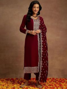 * Burgundy Zari Embroidered Yoke Design Sequinned Kurta With Trousers & Dupatta Indian Wedding Wear Salwar Kameez / Silk Kurta Sets / Indian Ethnic Dress / Plus Size Silk Kurta Dress Traditional Indian Wear / Salwar Kameez Dupatta / Kurti Palazzo Set * Burgundy Zari Embroidered yoke design Kurta with Trousers with dupatta * Kurta design:- * Floral yoke design * Straight shape * Regular style * V-neck, three-quarter regular sleeves * Sequinned detail Calf length with straight hem * Silk blend fab Kurti Palazzo Set, Design Kurta, Yoke Design, Kurti Palazzo, Silk Chiffon Fabric, Dress Traditional, Party Wear Dress, Kurta Dress, Palazzo Set