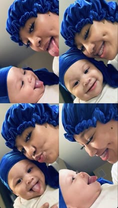 a collage of photos shows a baby wearing a blue wig and smiling at the camera