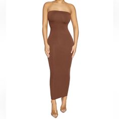 Naked Wardrobe Tube Midi Dress Bodycon With Lots Of Stretch Dark Chocolate Sold Out Online Size M Nwt Brown Tube Dress, Wardrobe Brown, Mockneck Dress, Tube Midi Dress, Turtleneck Midi Dress, Leather Midi Dress, Halter Bodycon Dress, Midi Tank Dress, Naked Wardrobe