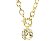 Moda Al Massimo® 18k Yellow Gold Over Bronze Rolo Link 18 Inch Necklace With Coin Toggle Clasp. Necklace measures approximately 3/8 of an inch in width. Coin measures approximately 7/8" L x 7/8" W. Classic Coin Pendant Chain Necklace, Classic Round Chain Necklace With Coin Pendant, Formal Toggle Necklace, Elegant Toggle Necklace With Round Coin Pendant, Gold Chain Necklace With Round Pendant And Toggle Clasp, Formal Yellow Gold Round Toggle Necklace, Elegant Medallion Jewelry With Toggle Clasp, Classic Gold Jewelry With Toggle Clasp, Classic Coin Necklaces